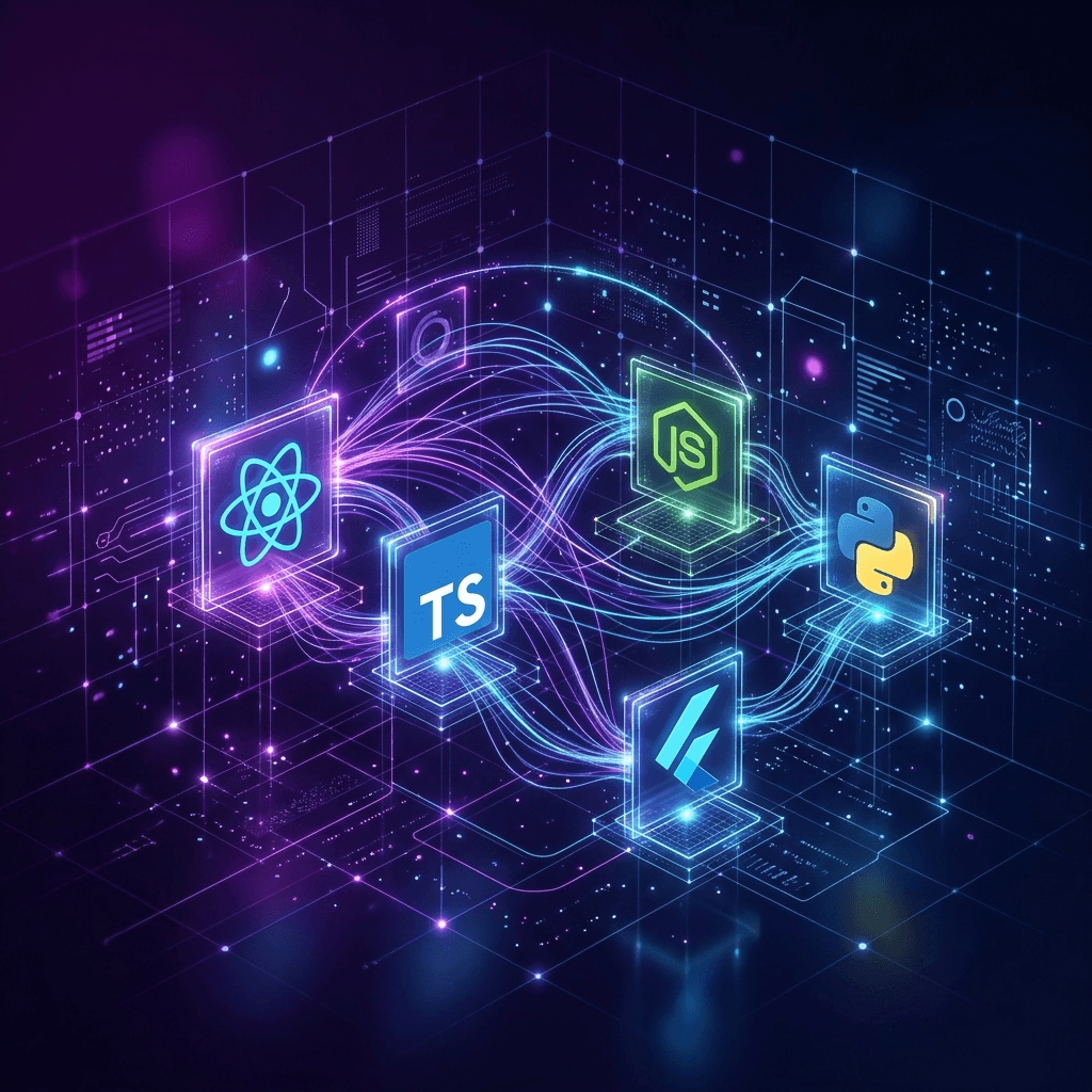 Stack de tecnologias — React, TypeScript, PHP, Flutter, Node.js, Python, SQL e Supabase
